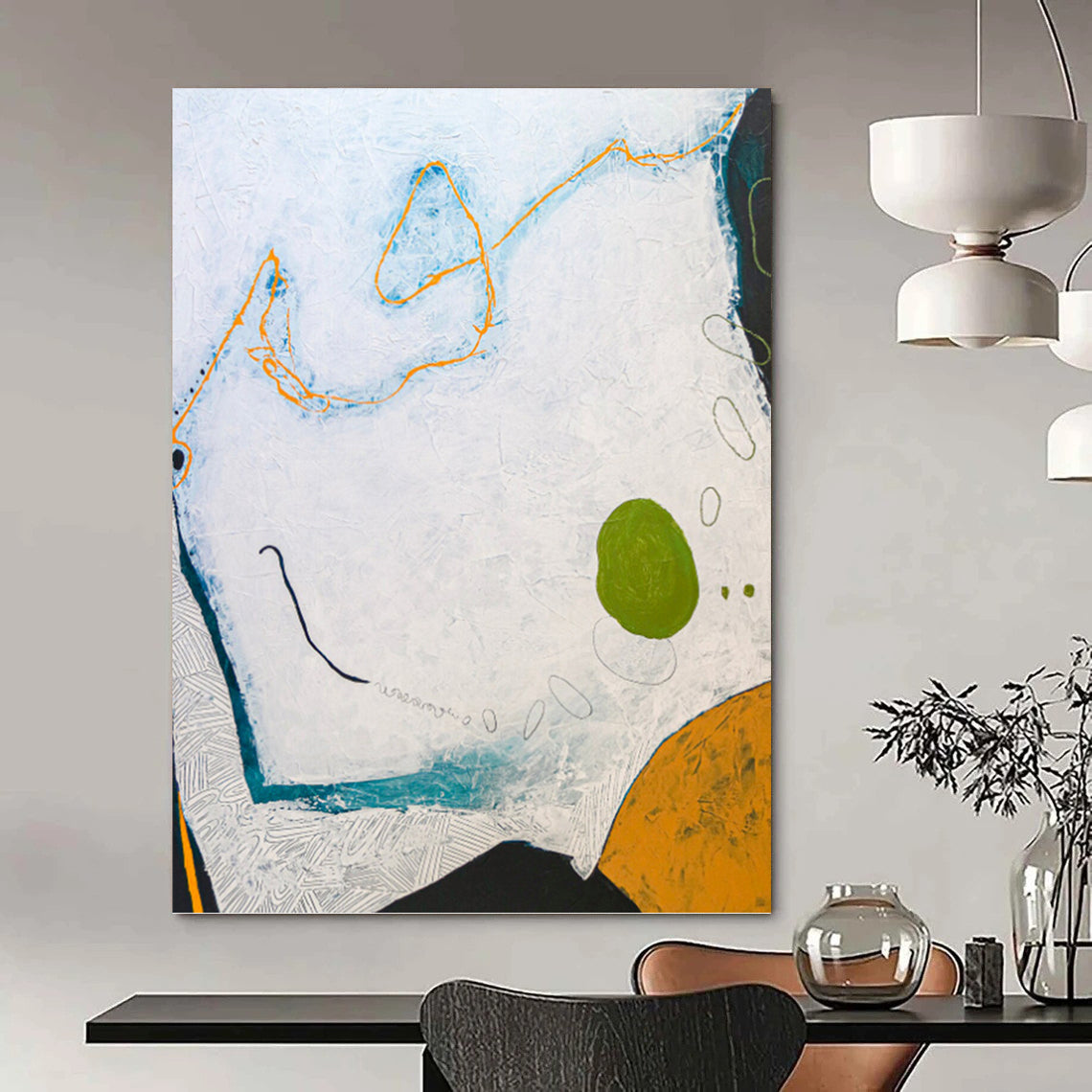 “Textured Abstract with White, Blue, Orange, and Green (Repeated)” - Playful Mixed - Media Painting On Canvas DKH1110