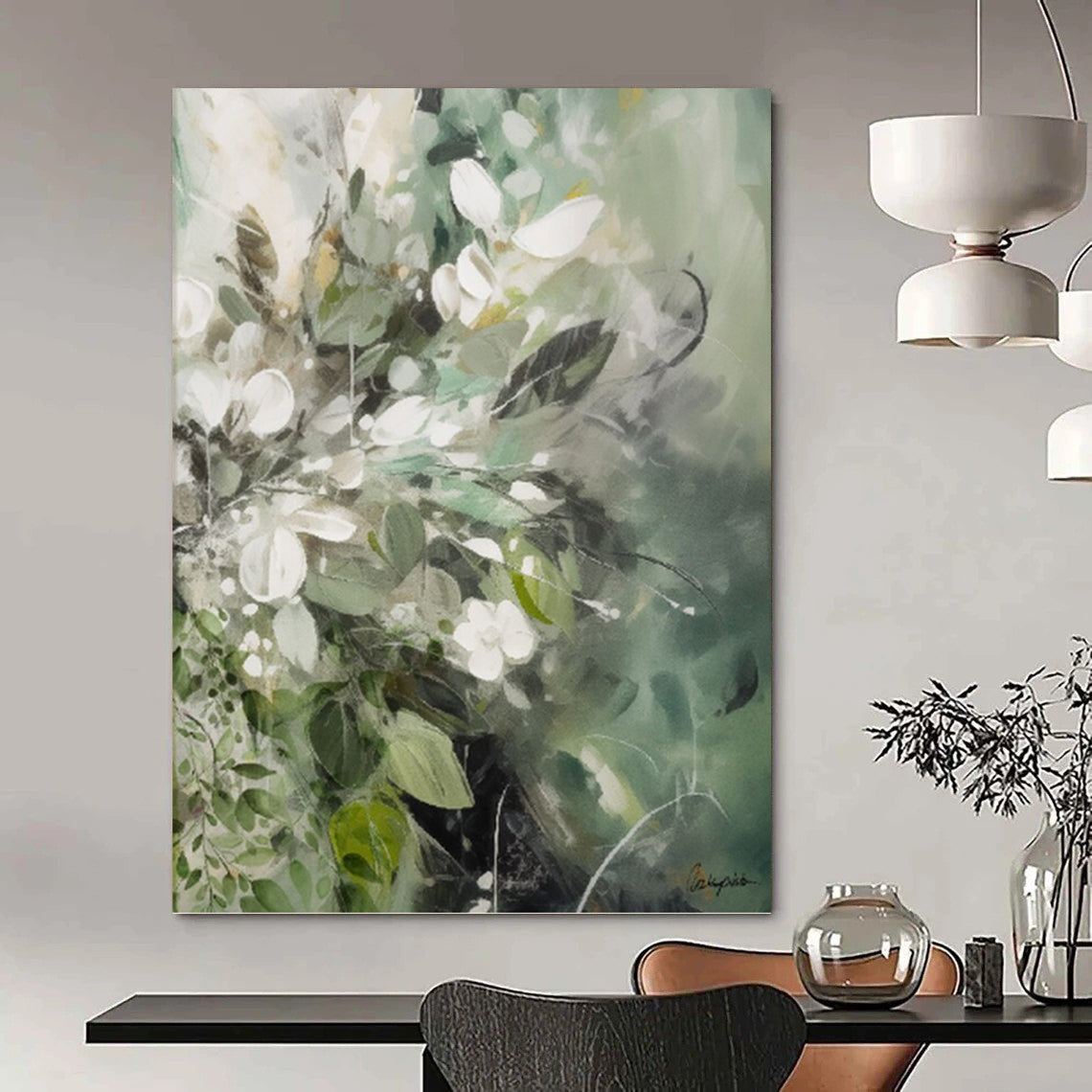 “Green - Toned Floral Abstraction” - Soft Flower Bouquet Painting On Canvas DKH1086