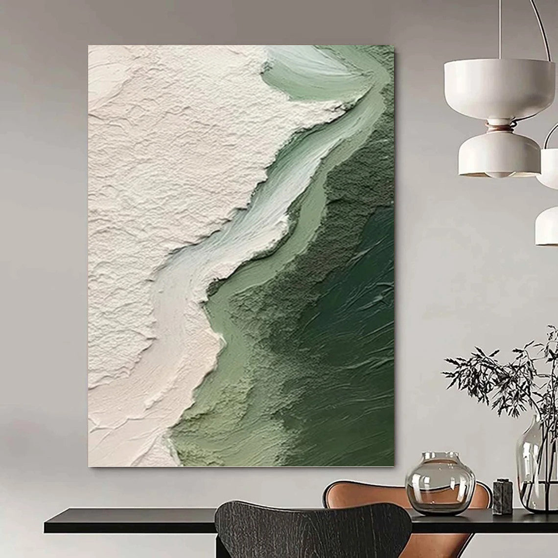 Textured Green and White Abstraction - Impasto Abstract Painting On Canvas DKH1382