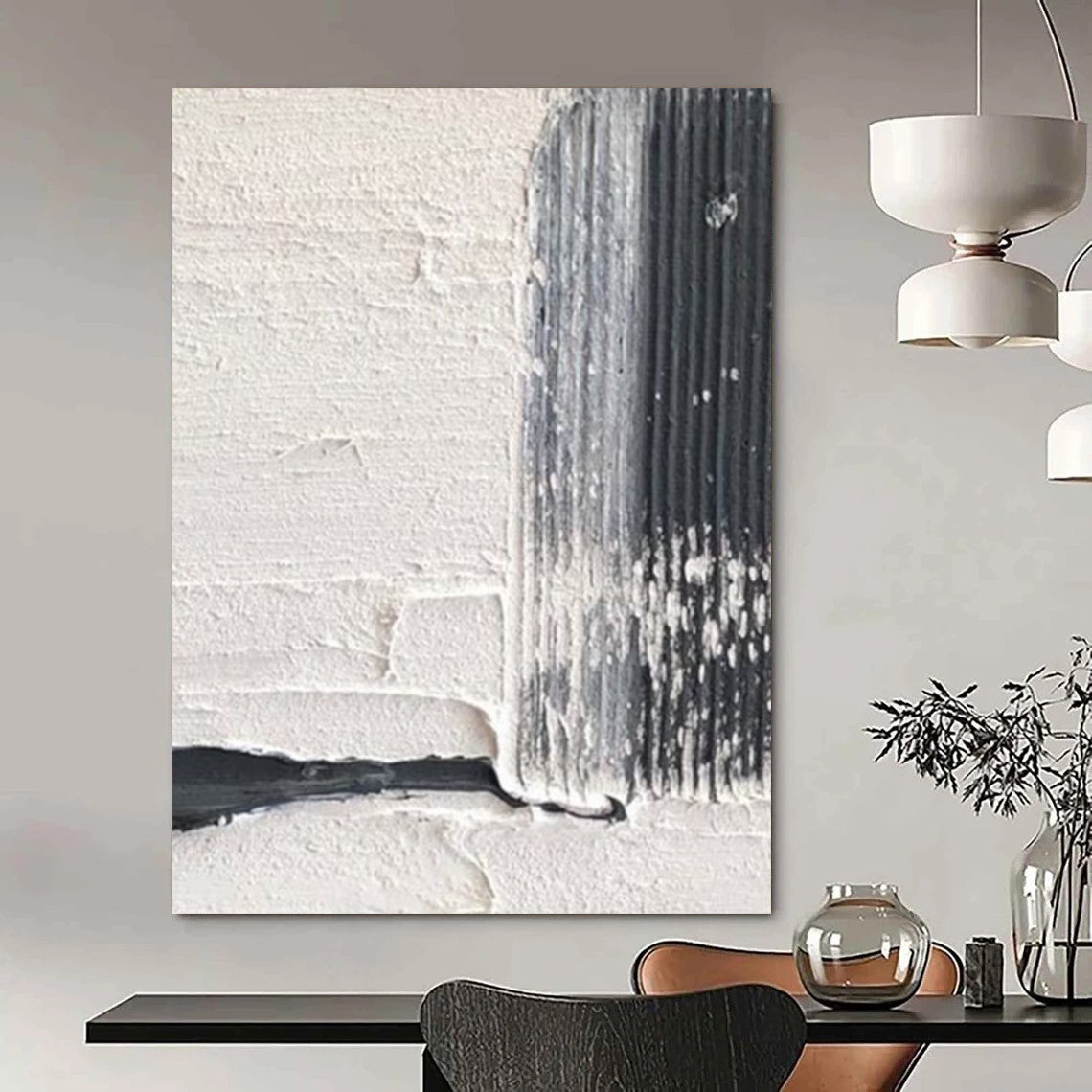 “Black, White, Gray Textured Stripes ‘Industrial Rhythm’” - Impasto Abstract Painting On Canvas DTP366