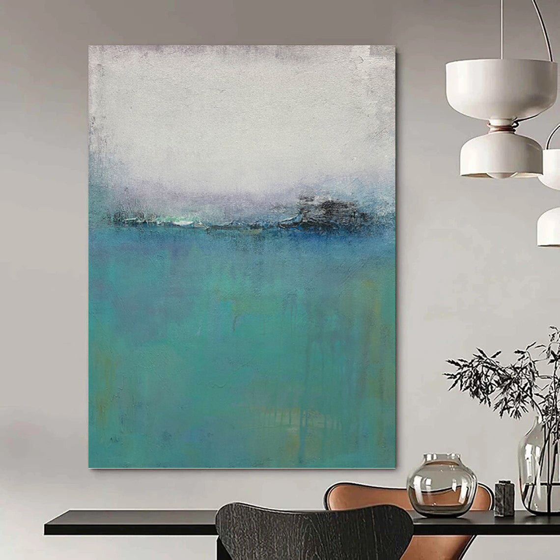 “Misty Blue Horizons” - Blue, Teal & Gray Abstract Landscape Painting On Canvas DKH1197