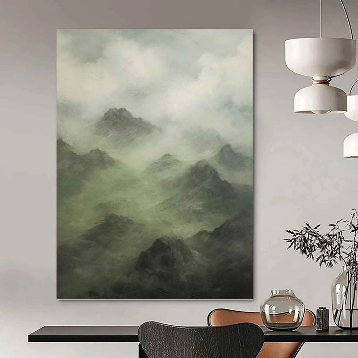 Misty Mountain Landscape in Green and Gray - Landscape Painting On Canvas DKH1480