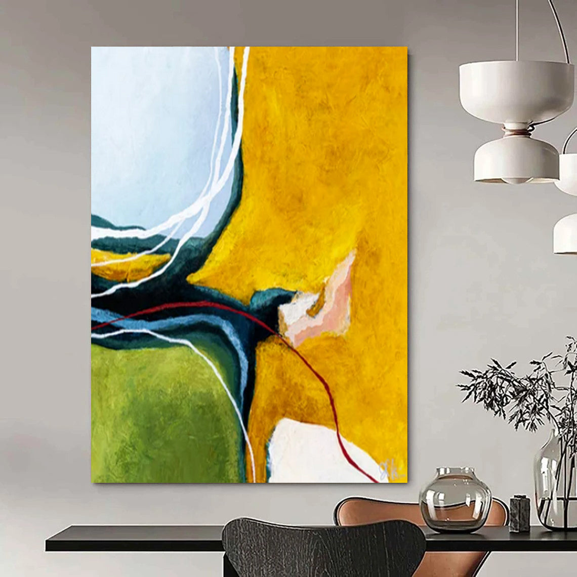 “Color Block Abstract - Yellows, Greens, and Intricate Lines” Painting On Canvas CT2387