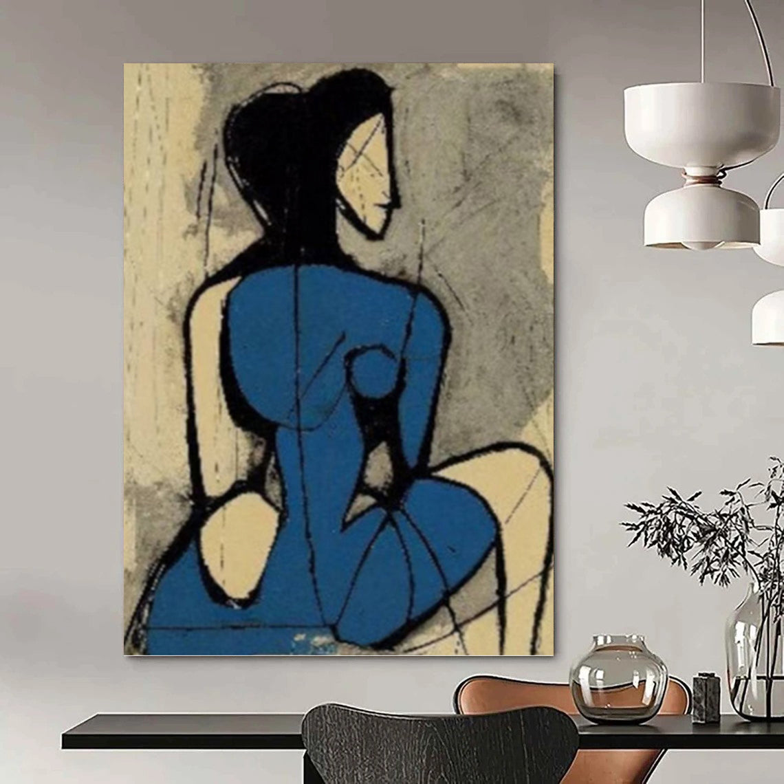 Abstract Blue - Clad Woman in Cubist Style - Figurative Painting On Canvas DKH1417