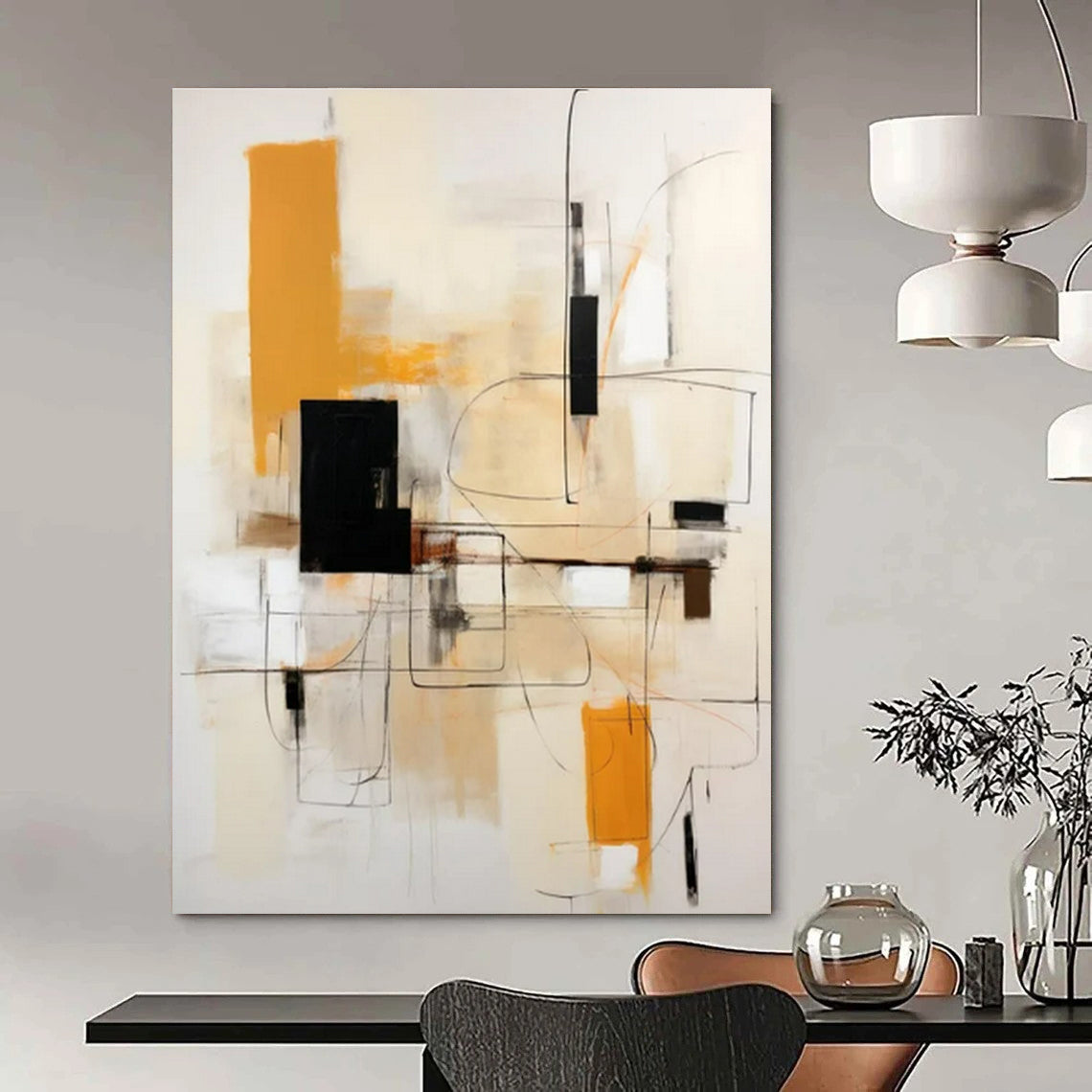 Beige, Orange, Black & White Geometric Abstraction - "Linear Harmony" - Abstract Acrylic Painting CT1461