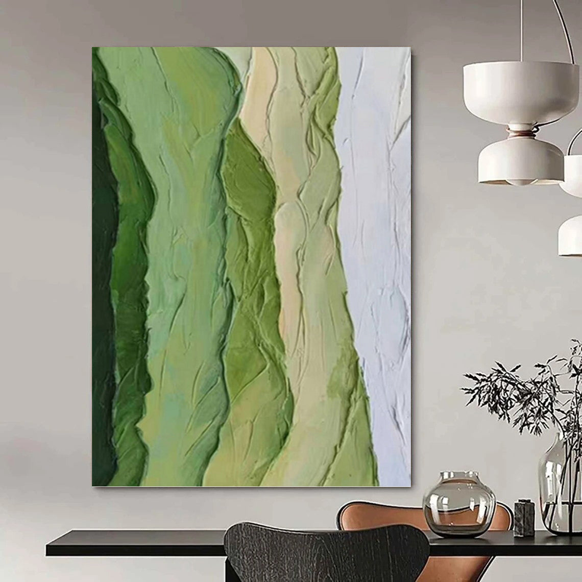 “Green Textured Ridges” - Green & White Impasto Abstract Painting On Canvas DKH1196