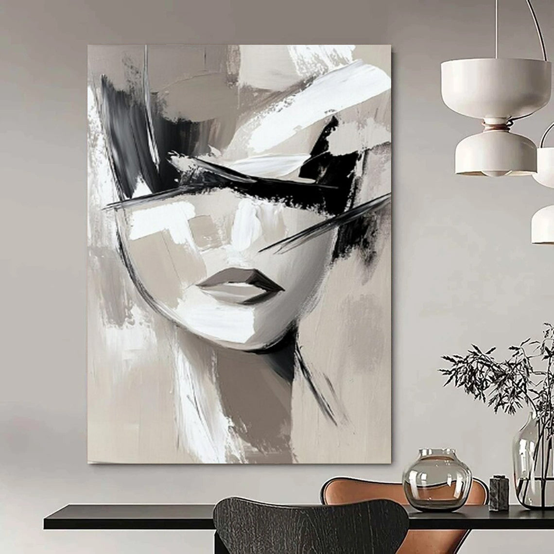 “Monochrome Abstract Face” - Black, White & Gray Abstract Portrait Painting On Canvas CT2193