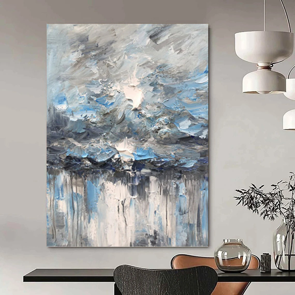Blue - Gray Sky and Water Drip - Abstract Impasto Painting On Canvas DKH1291