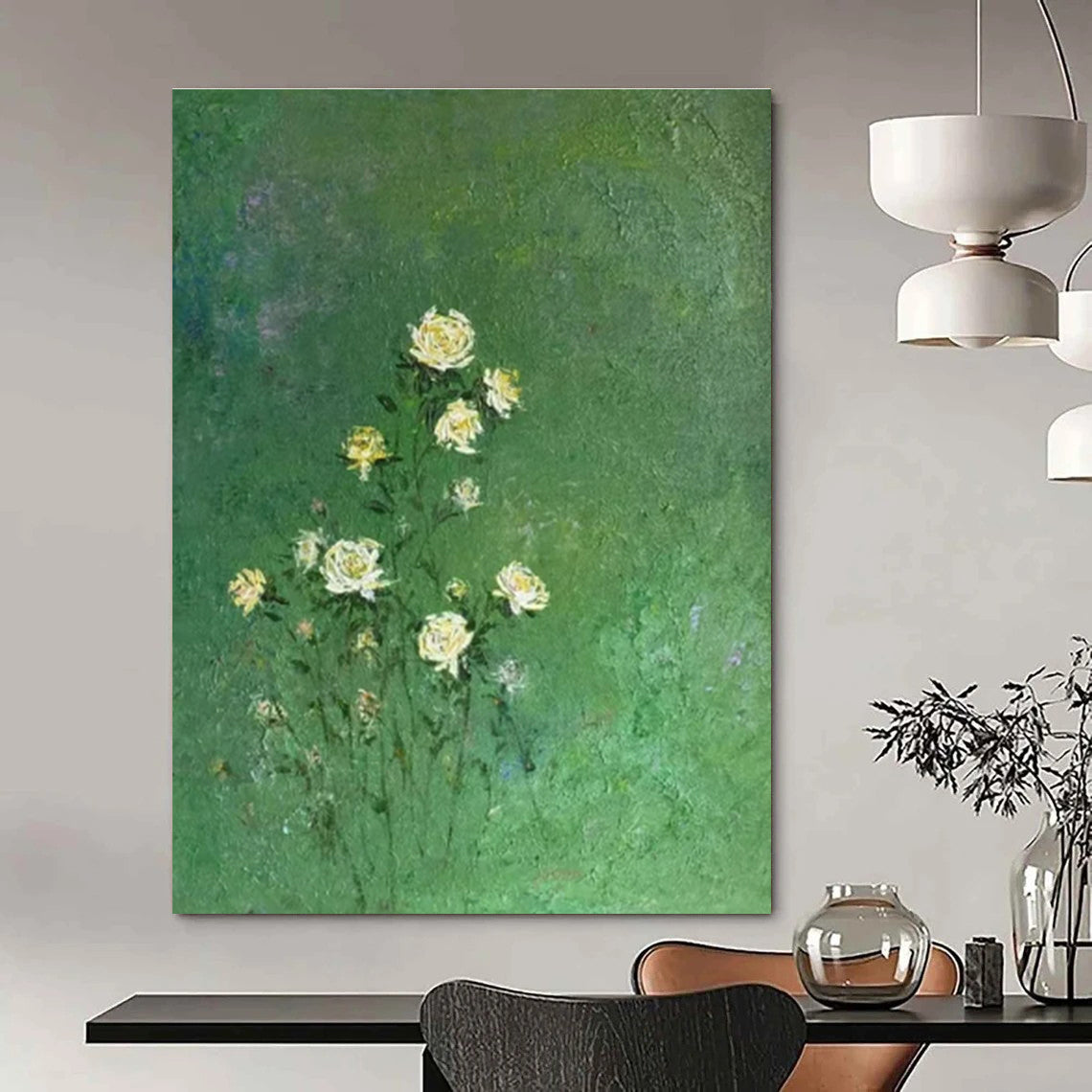 Green Background, White Flowers - "Whispering Blooms" - Impressionistic Oil Painting CT1453