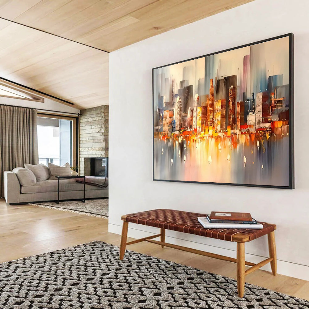 Colorful City Skyline - Gray, Orange & Blue Urban Painting On Canvas DKH899