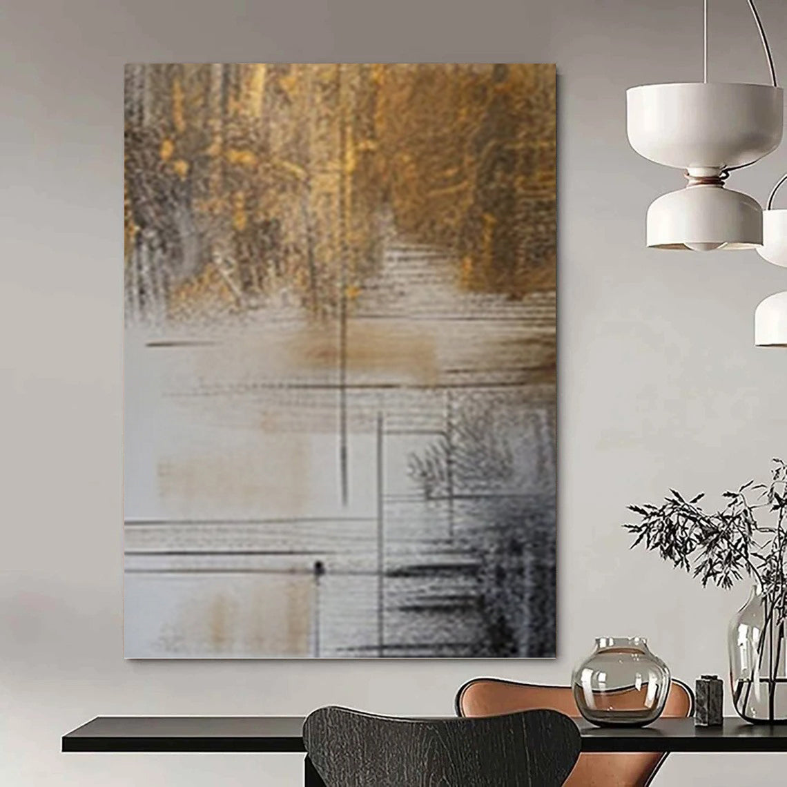 “Brown, Gold & Black Line - Mixed Abstract” Painting On Canvas DKH0980