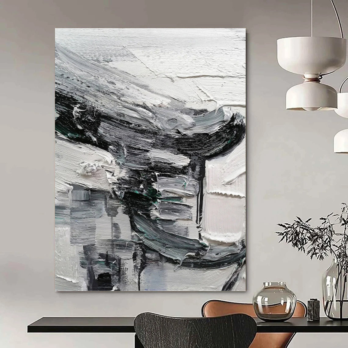 Monochrome Textured Abstraction - Abstract Impasto Painting On Canvas DKH1297