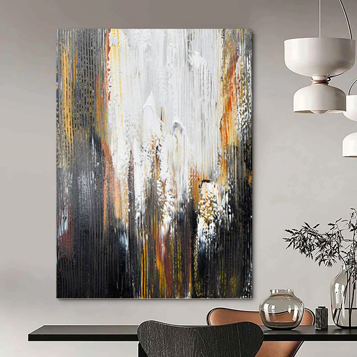 “Black - Gray - Gold Dynamic Abstract” Painting On Canvas DKH1229