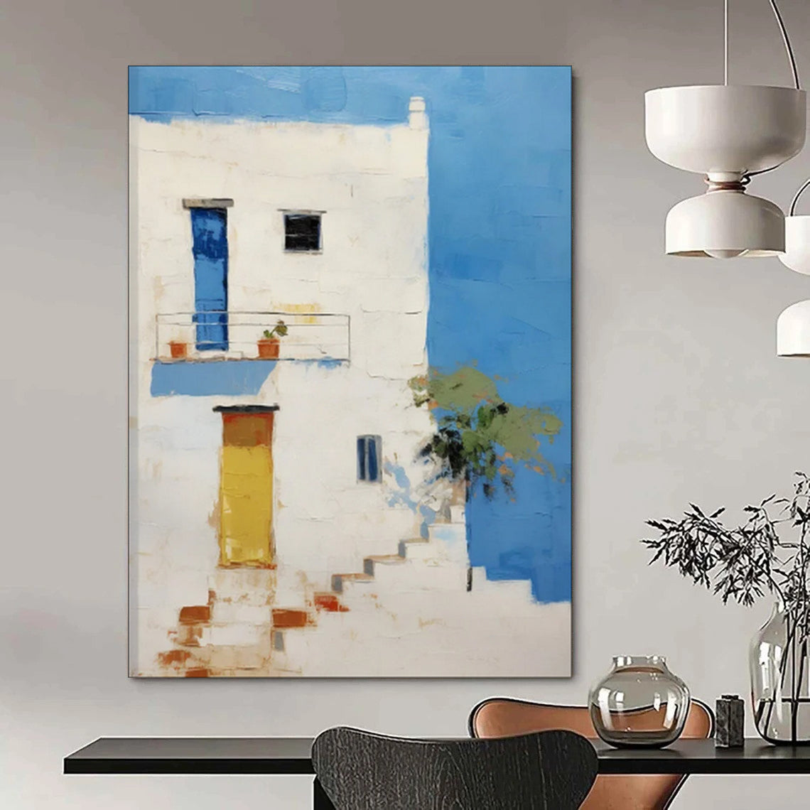 White Building, Blue Sky, Colorful Doors - "Mediterranean Charm" - Impressionistic Architectural Painting CT1837