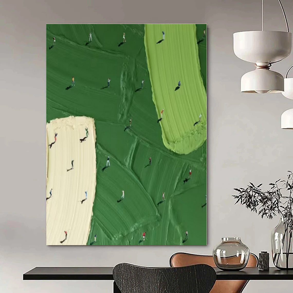 Miniature Figures on Textured Fields - Conceptual Impasto Acrylic On Canvas CT1353