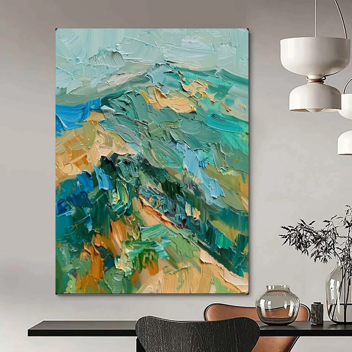 “Textured Green & Blue Mountainscape” – Impasto Landscape Painting On Canvas CT2120