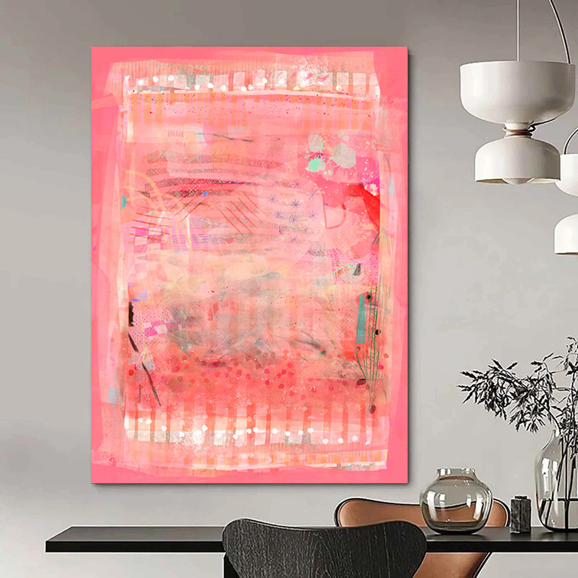 “Pink & Patchwork” - Abstract Mixed - Media Collage Art on Canvas CT1863