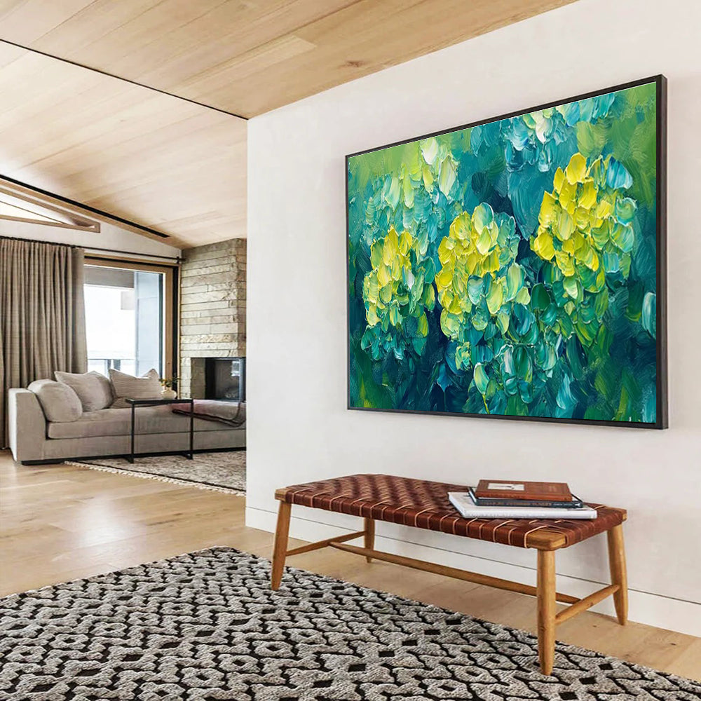 “Impasto Yellow Flowers on Green” - Fresh Botanical Painting On Canvas DKH799