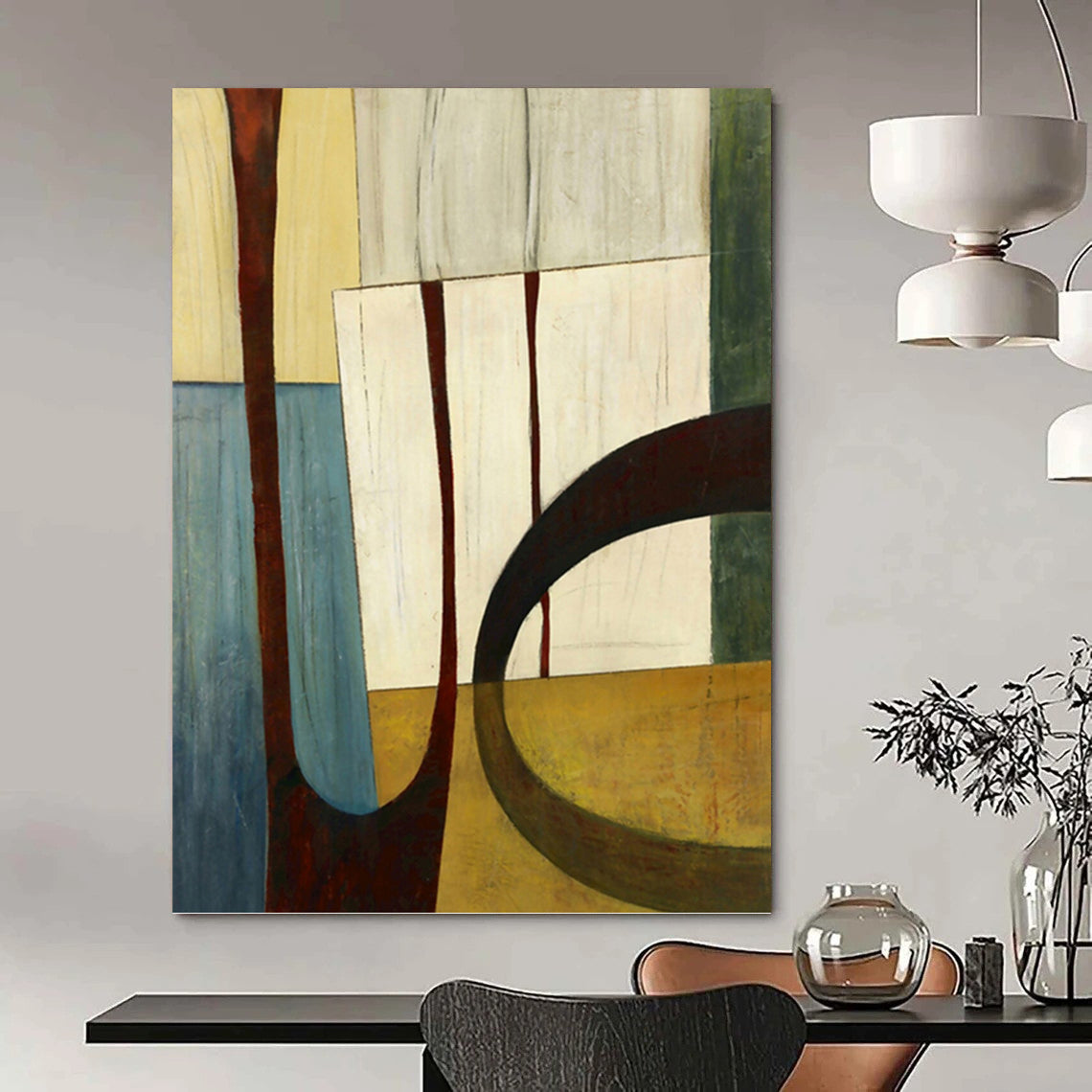 “Geometric Shapes in Earth Tones” - Brown, Beige & Blue Cubist - Inspired Painting On Canvas DKH0949