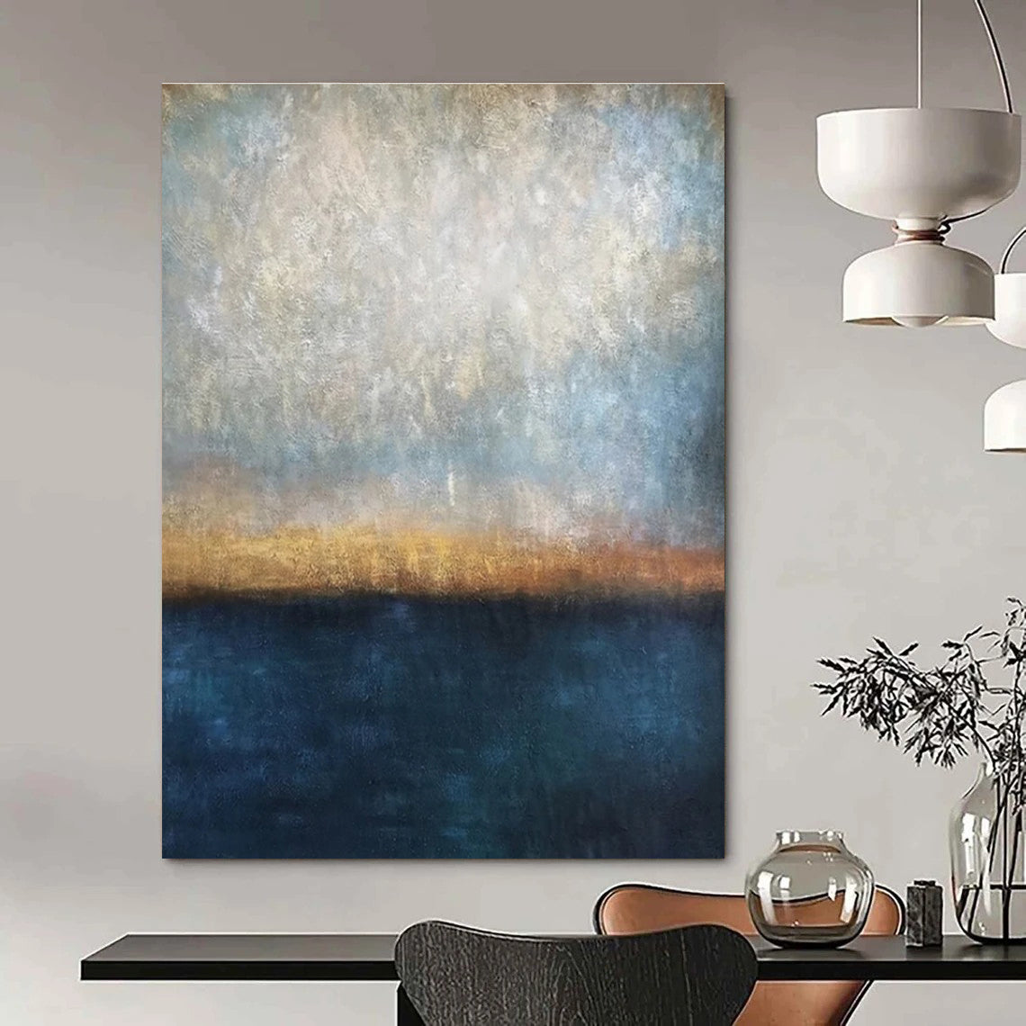 Muted Blues, Greys & Golds, Horizon Line - "Eternal Dusk" - Abstract Landscape Oil Painting CT1441