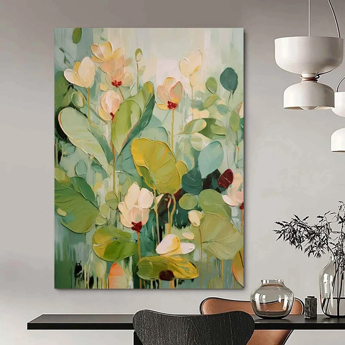“Textured Flowers 1” - Green & White Floral Painting On Canvas CT2236