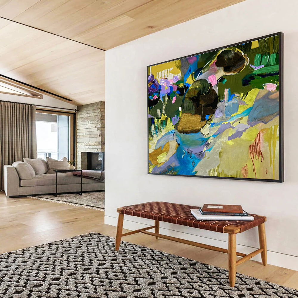 “Color - Drenched Feline in a Garden Dream” - Purple, Blue & Yellow Figurative Abstract Painting On Canvas DKH923