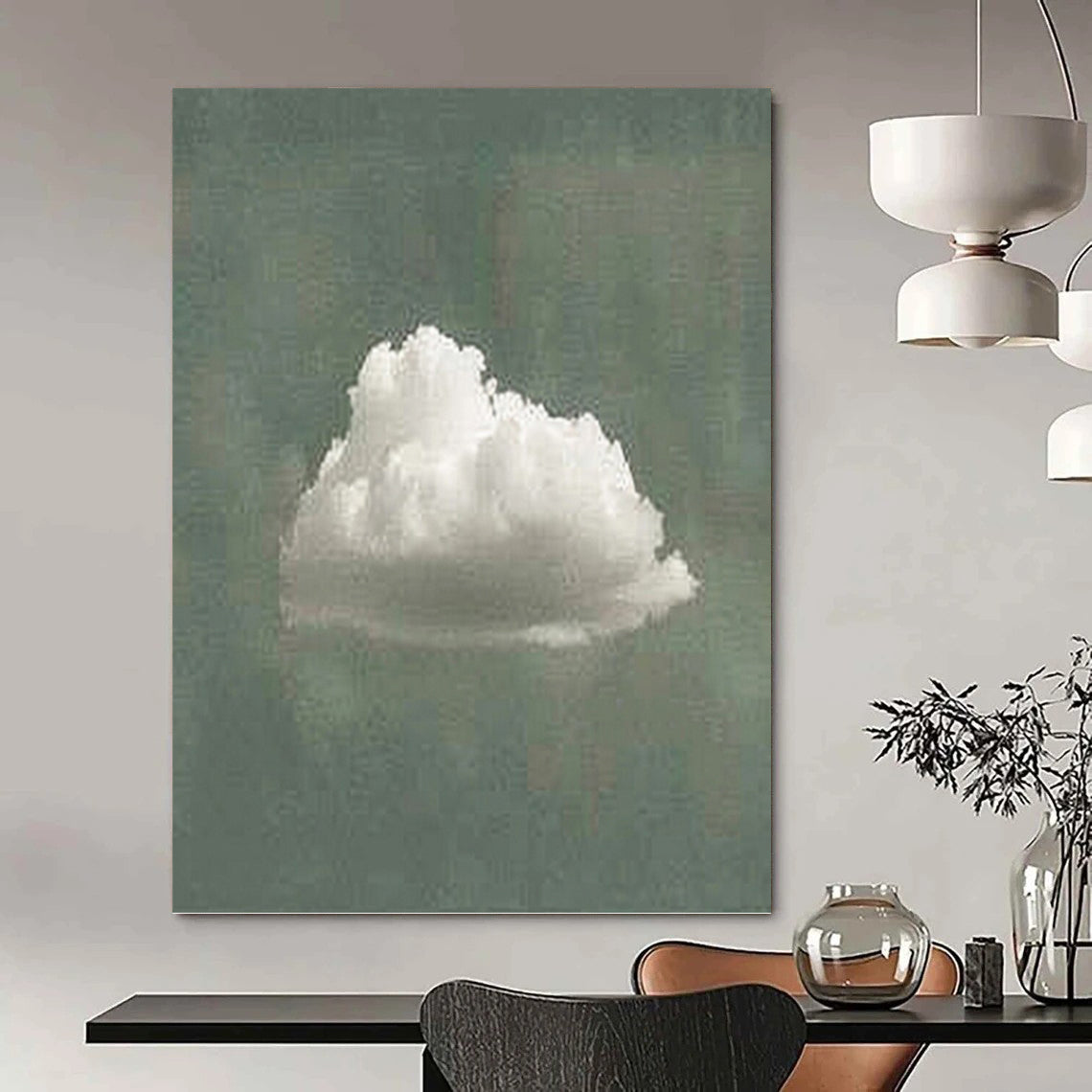 “Single White Cloud on Green” - White & Green Minimalist Painting On Canvas DKH0970