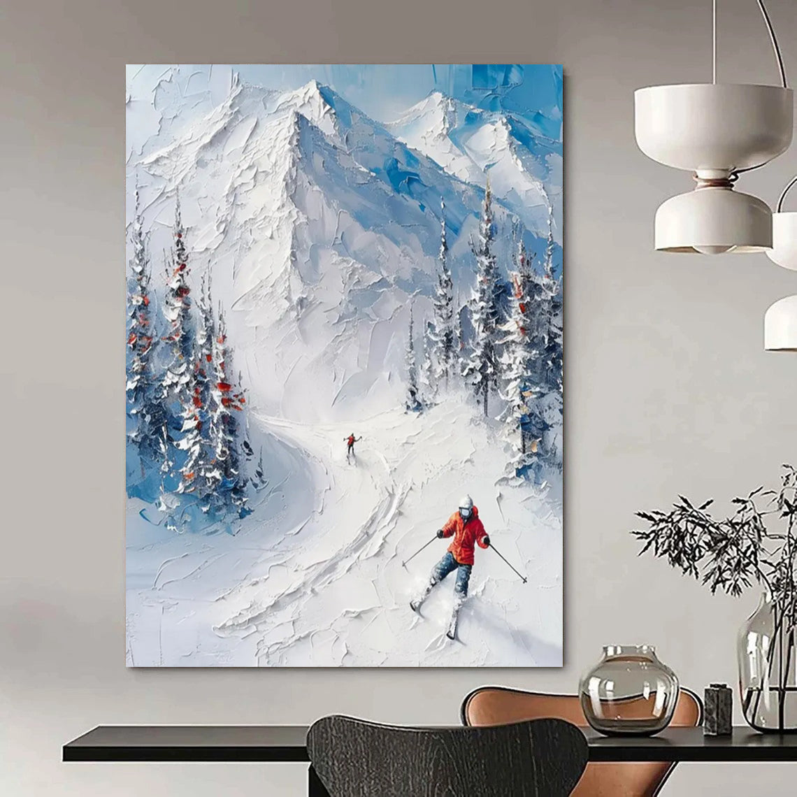 “White, Blue, Green Snowy Mountain ‘Ski Adventure’” - Impasto Landscape Painting On Canvas DTP313