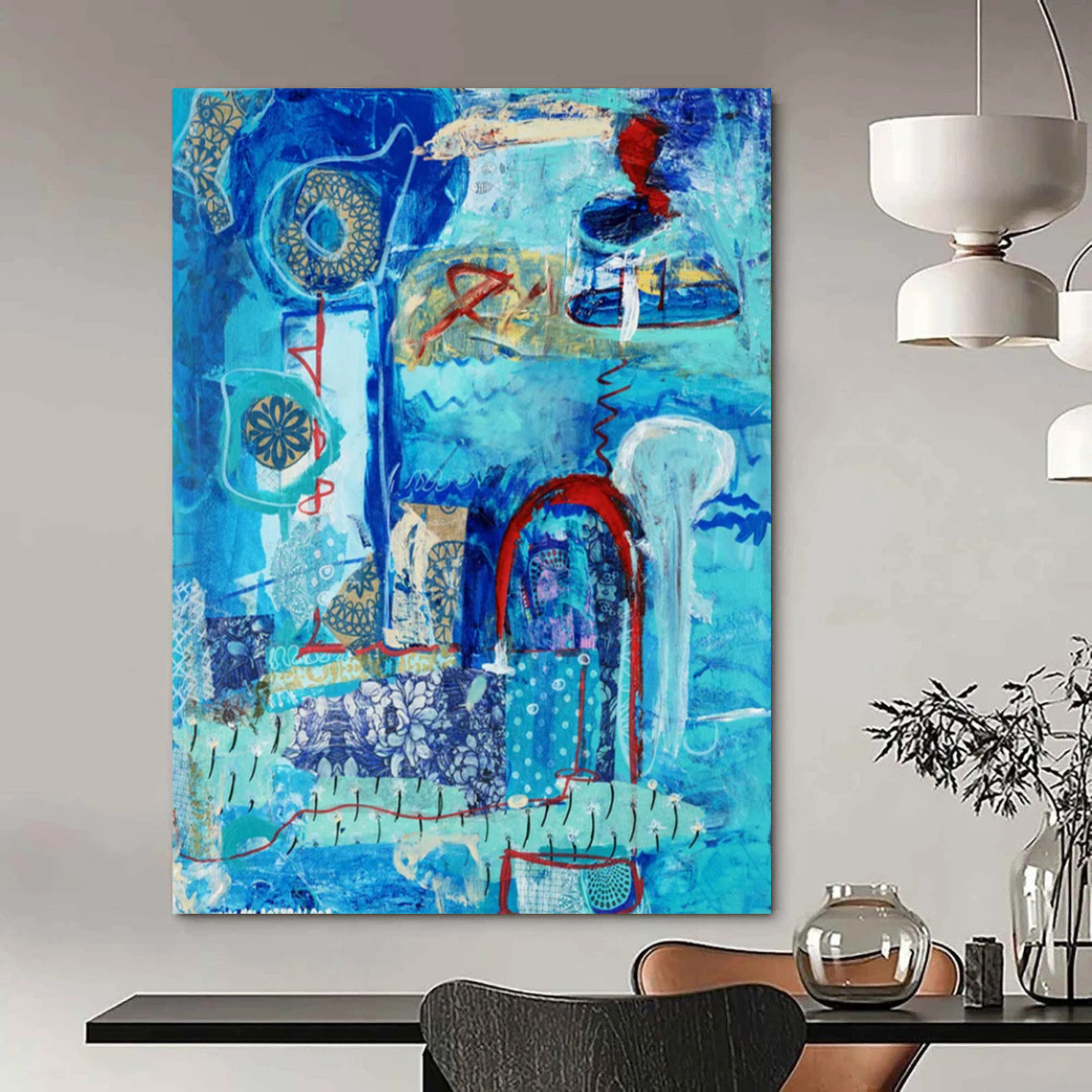 “Blue - Themed Abstract Collage” - Blue, Red, Gold Intricate Forms Painting On Canvas DTP296