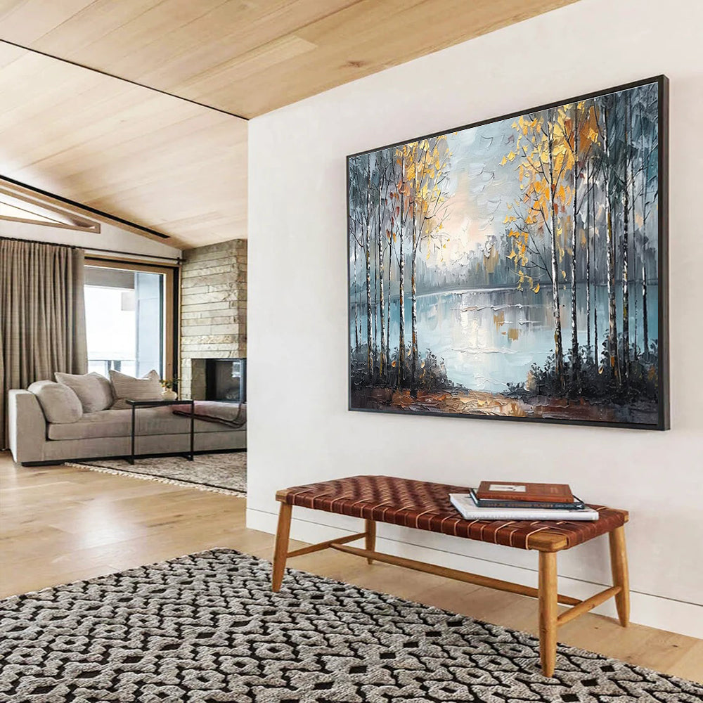 Autumn Forest Lake - Gray, Blue & Yellow Landscape Painting On Canvas DKH904