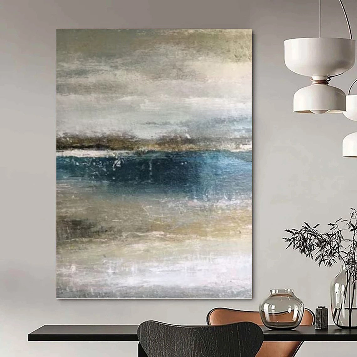 “Muted Coastal Layers” - Blue, Gray & Beige Abstract Seascape Painting On Canvas DKH0945
