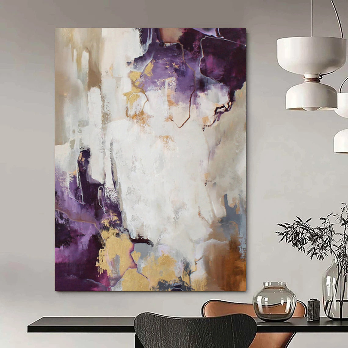 “Purple, Gold & White Abstract” - Purple, Gold & White Opulent Painting On Canvas DKH1009