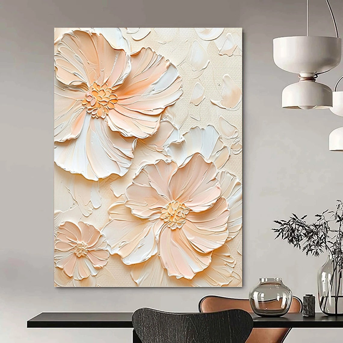 Peach - Colored Floral Relief - Impasto Flower Painting On Canvas DKH1389