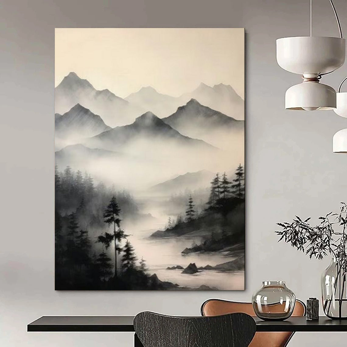 Ink Washed Mountains Gray White Traditional Chinese Landscape Painting CT1917