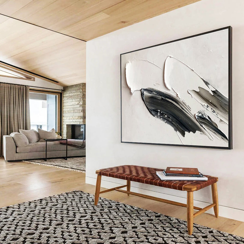 Minimalist Black & White Strokes - Gray, Black & White Abstract Painting On Canvas DKH908