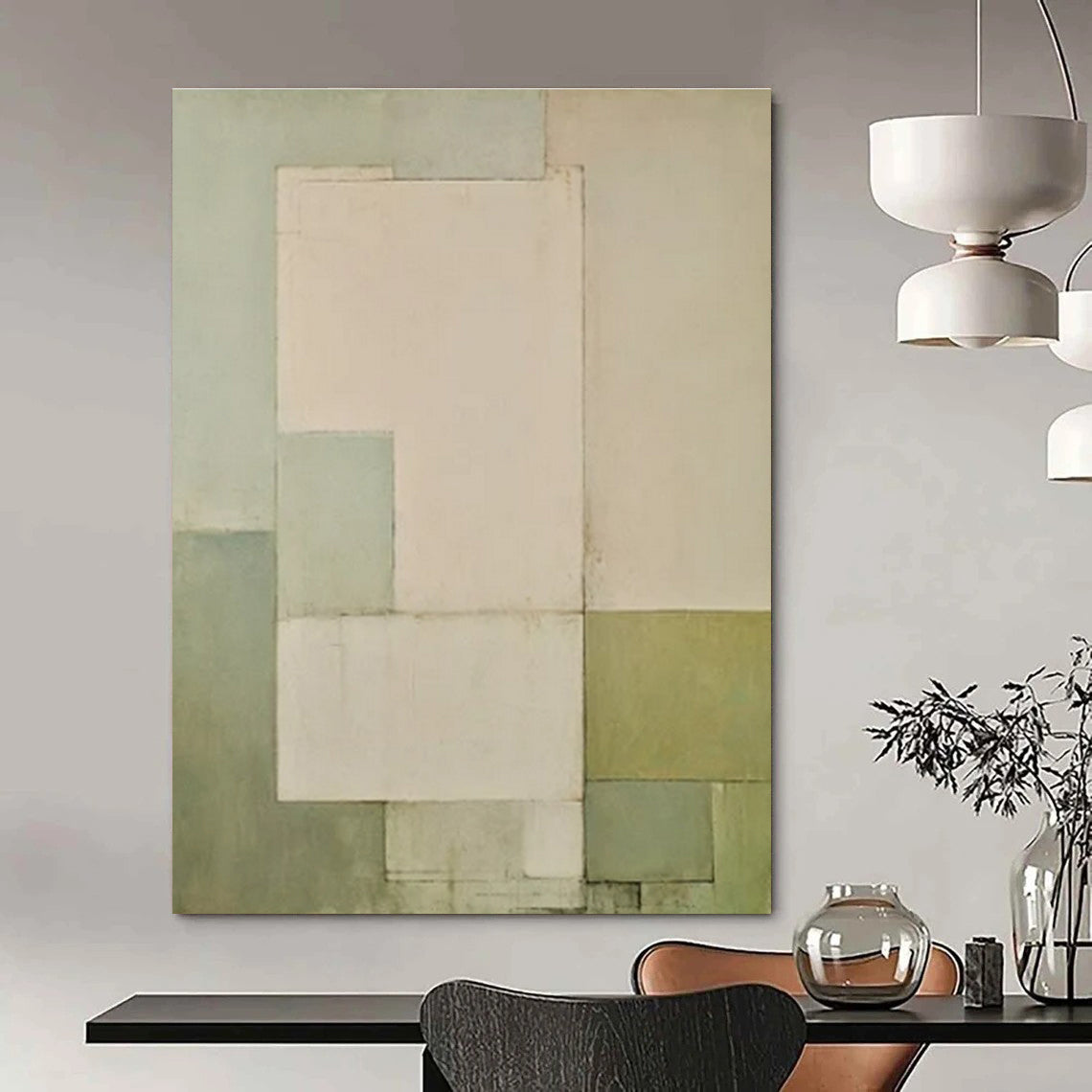 Soft Greens & Neutrals, Geometric Blocks - "Gentle Geometry" - Abstract Acrylic Painting CT1444