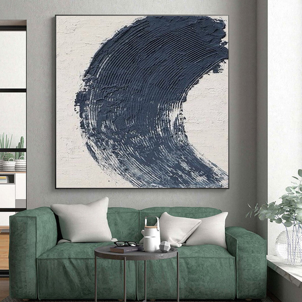 “Thick Blue Crescent Stroke”,Abstract Impasto Style CT0680