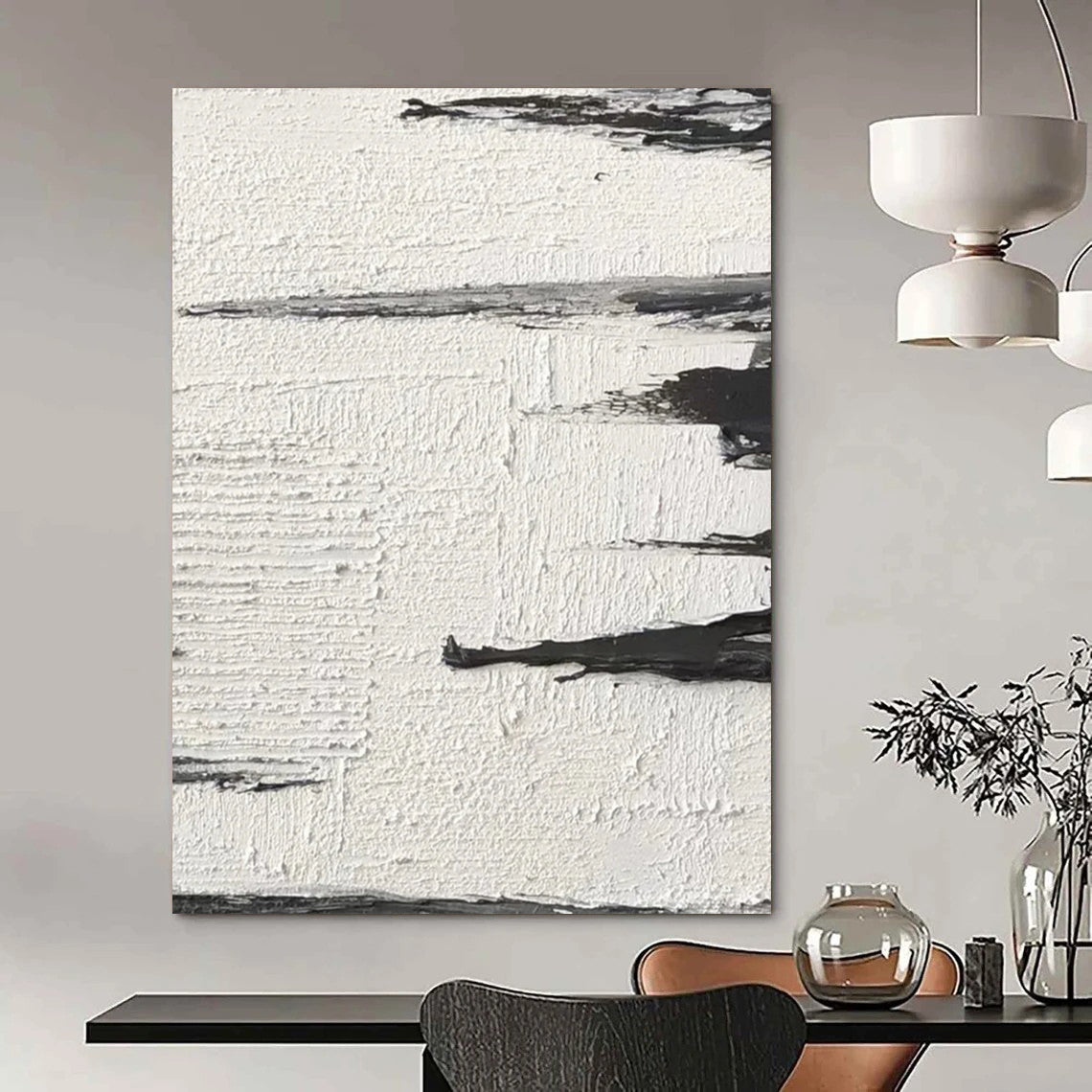 “White, Black Textured Strokes ‘Subtle Motion’” - Impasto Abstract Painting On Canvas DTP384