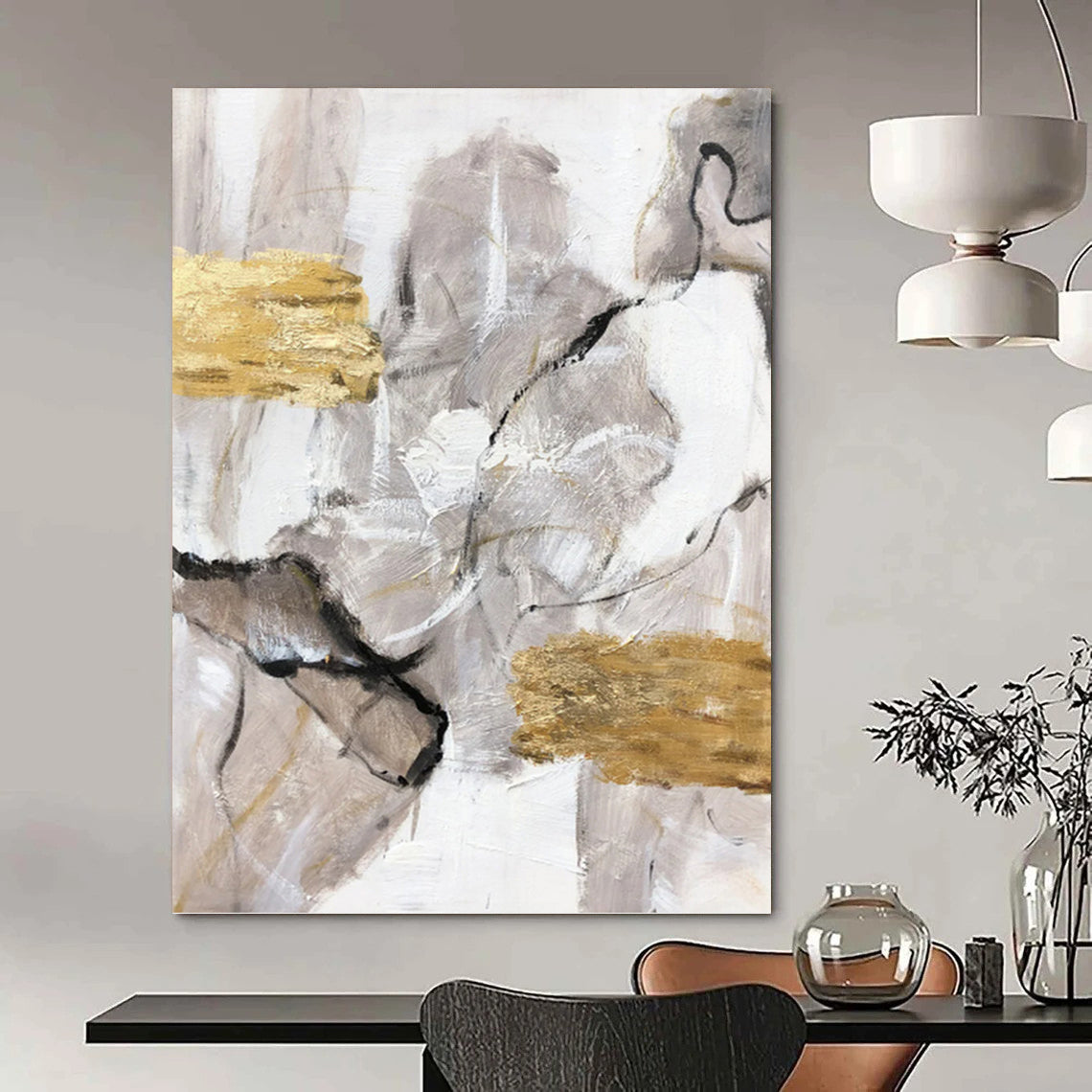 Neutral Tones with Gold Accents - Abstract Minimalist Painting On Canvas DKH1267