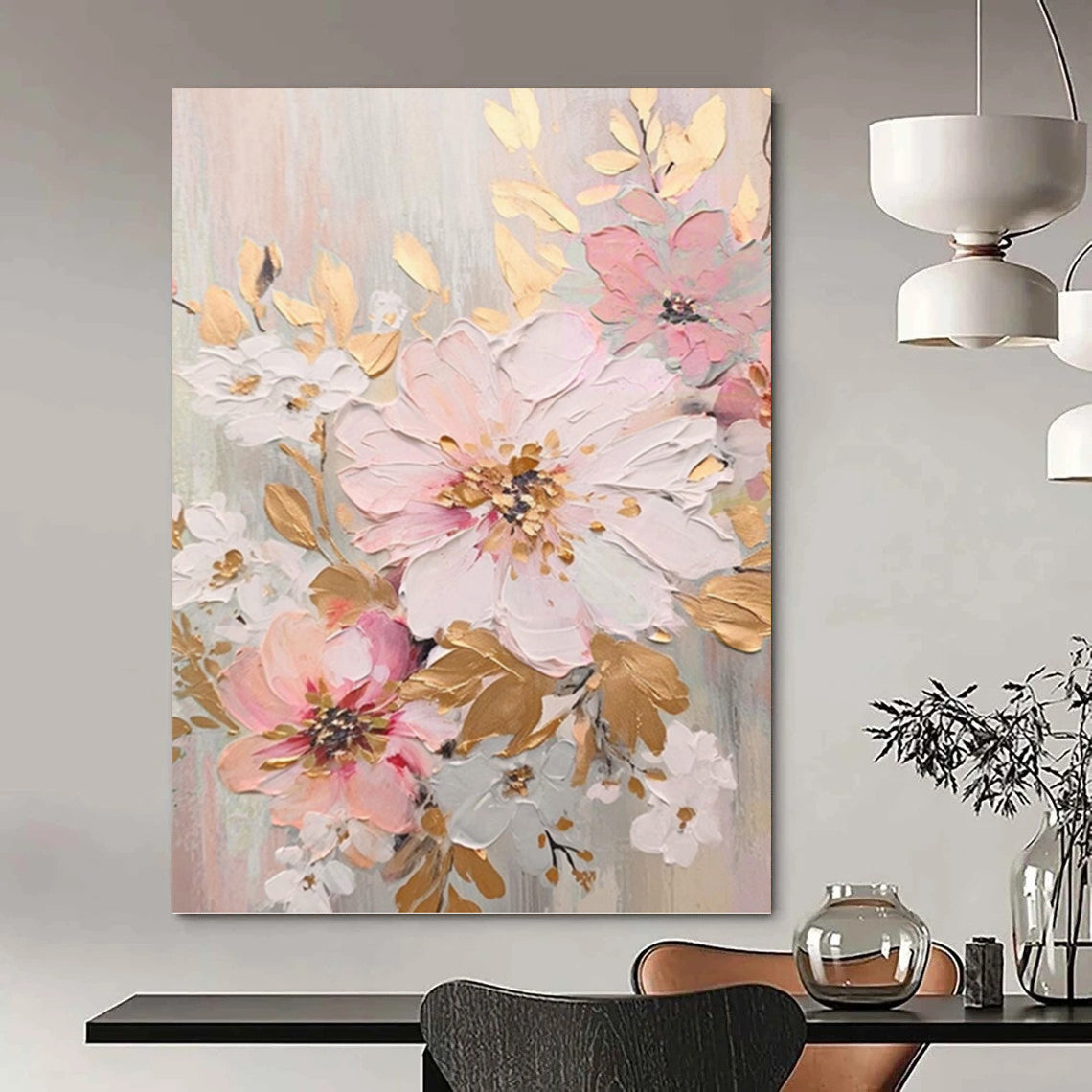 Pink, Gold and White Floral Elegance - Impasto Flower Painting On Canvas DKH1390