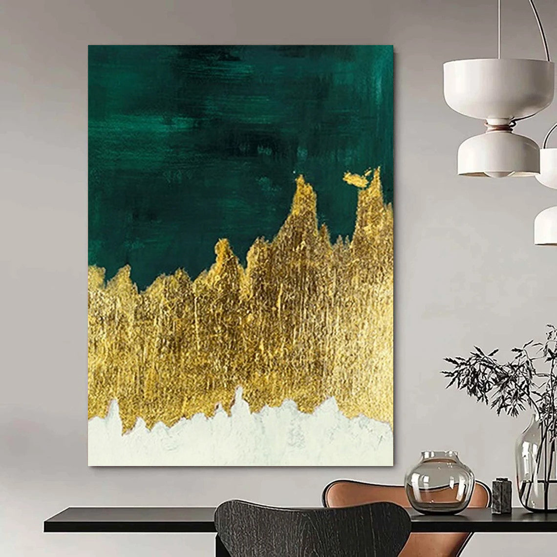 Green, Gold, and White Abstract Landscape - Abstract Painting On Canvas DKH1335