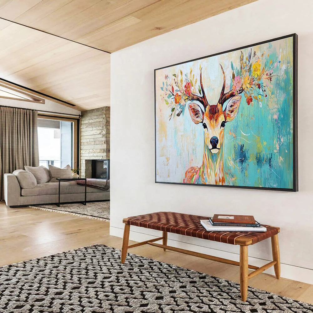 “Floral - Antlered Deer” - Whimsical Animal Painting On Canvas DKH803