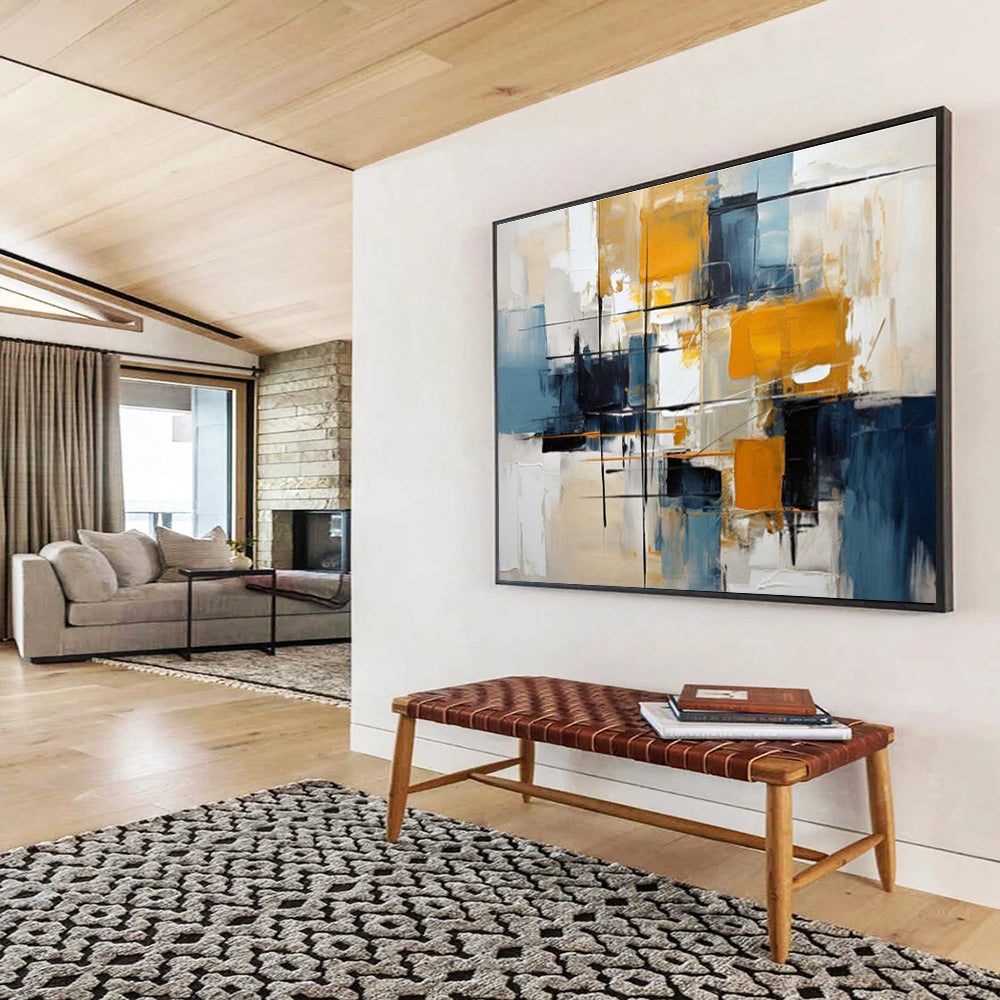 Abstract Geometric Blocks in Yellow and Blue Painting On Canvas DKH183