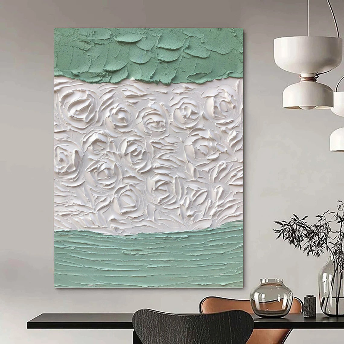 Textured White Roses on Green - Impasto Floral Painting On Canvas DKH1269