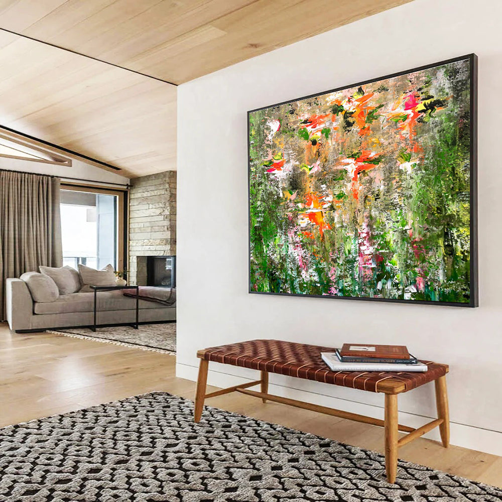 “Blossom Burst in Earthy Hues” - Green, Orange & Pink Floral Abstract Painting On Canvas DKH922