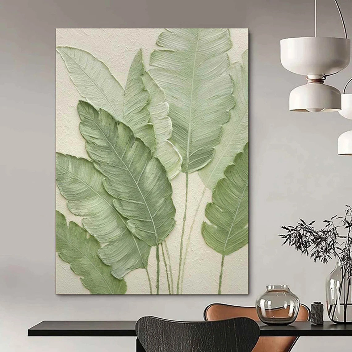 “Textured Ferns in Sage” - 3D Botanical Plaster Art on Canvas CT1876