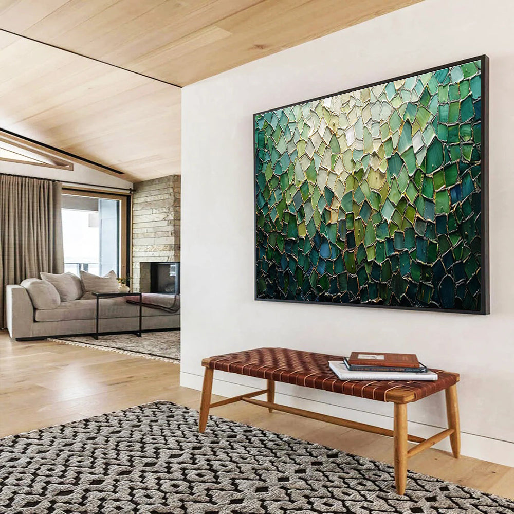 “Green Mosaic Glass” - Green, Blue, Gold Mosaic Artwork On Canvas DKH759