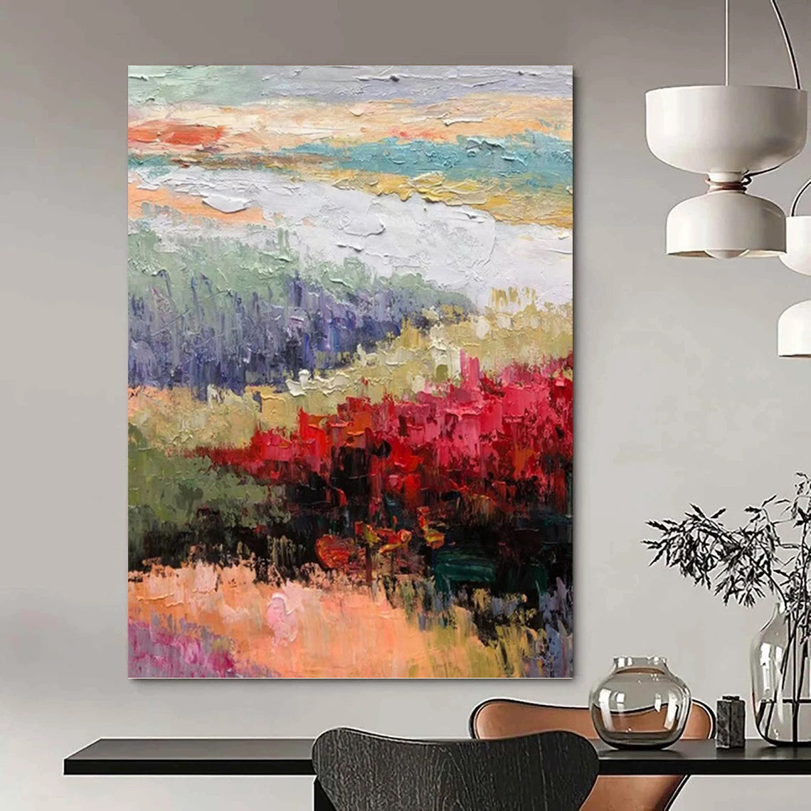 Impressionistic Landscape with Red Blossoms - Landscape Impasto Painting On Canvas DKH1273