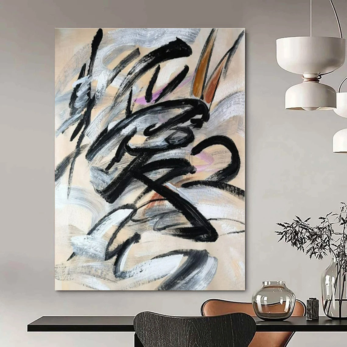 Black Calligraphic Swirls - Abstract Calligraphic Acrylic On Canvas CT1325