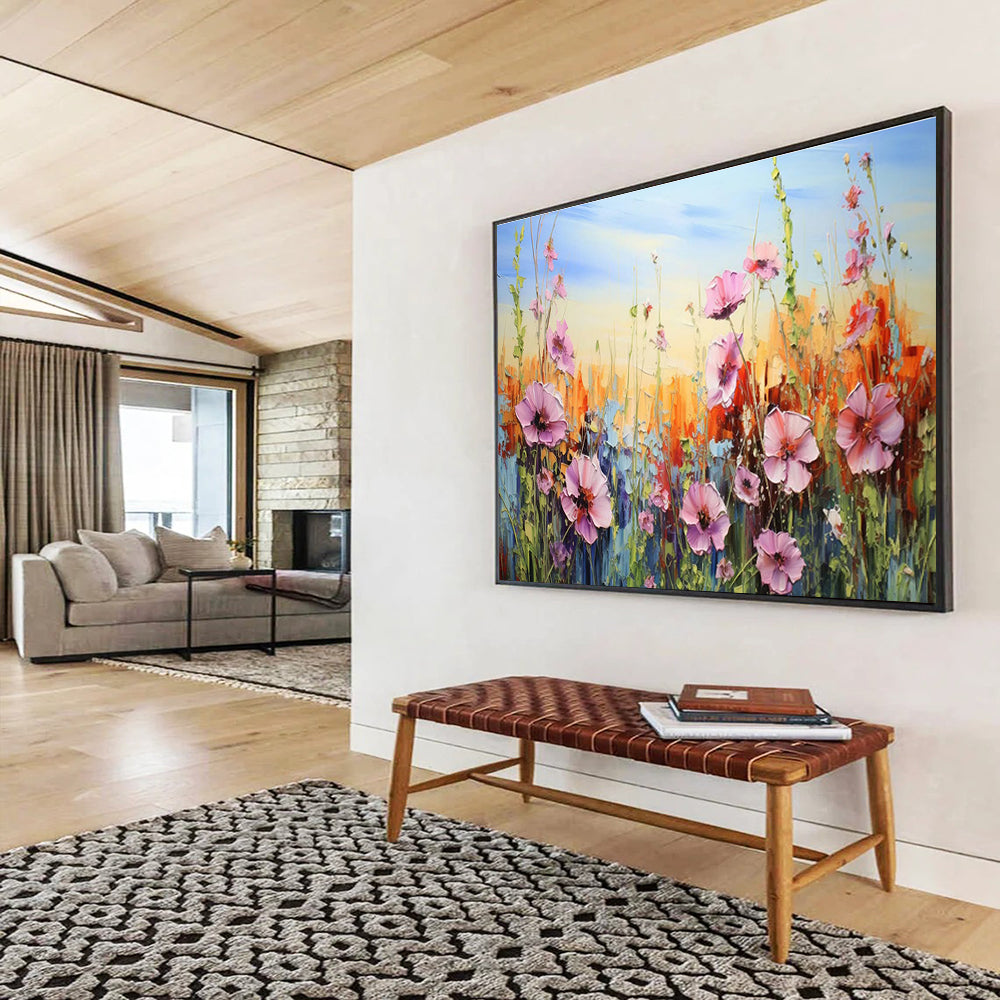Impasto Wildflower Meadow - Pink, Orange & Blue Floral Painting On Canvas DKH903